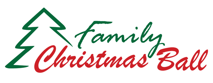 Green and red Family Christmas Ball logo with a hand drawn Christmas tree